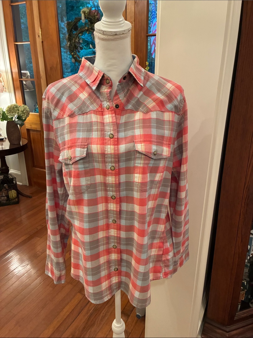 Bea Jachs Girlfriend Coral, Gray & White Plaid Pearl Snap Shirt
